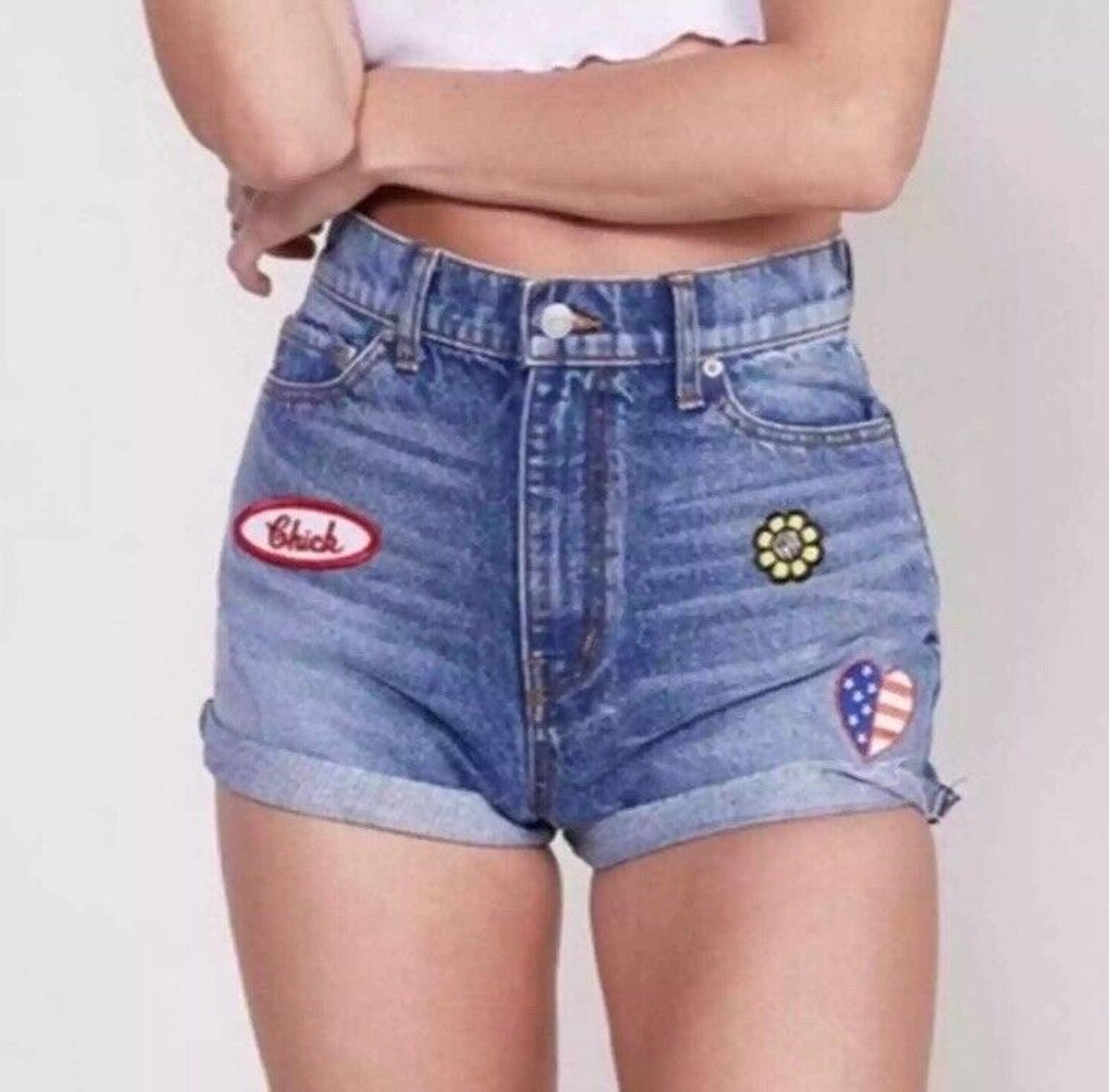 Revice Jean Shorts Womens 26 Patch Work High Rise Stone Washed Blue